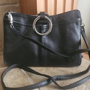 Pouchee Black Women's Crossbody Bag with Silver Ring Accent